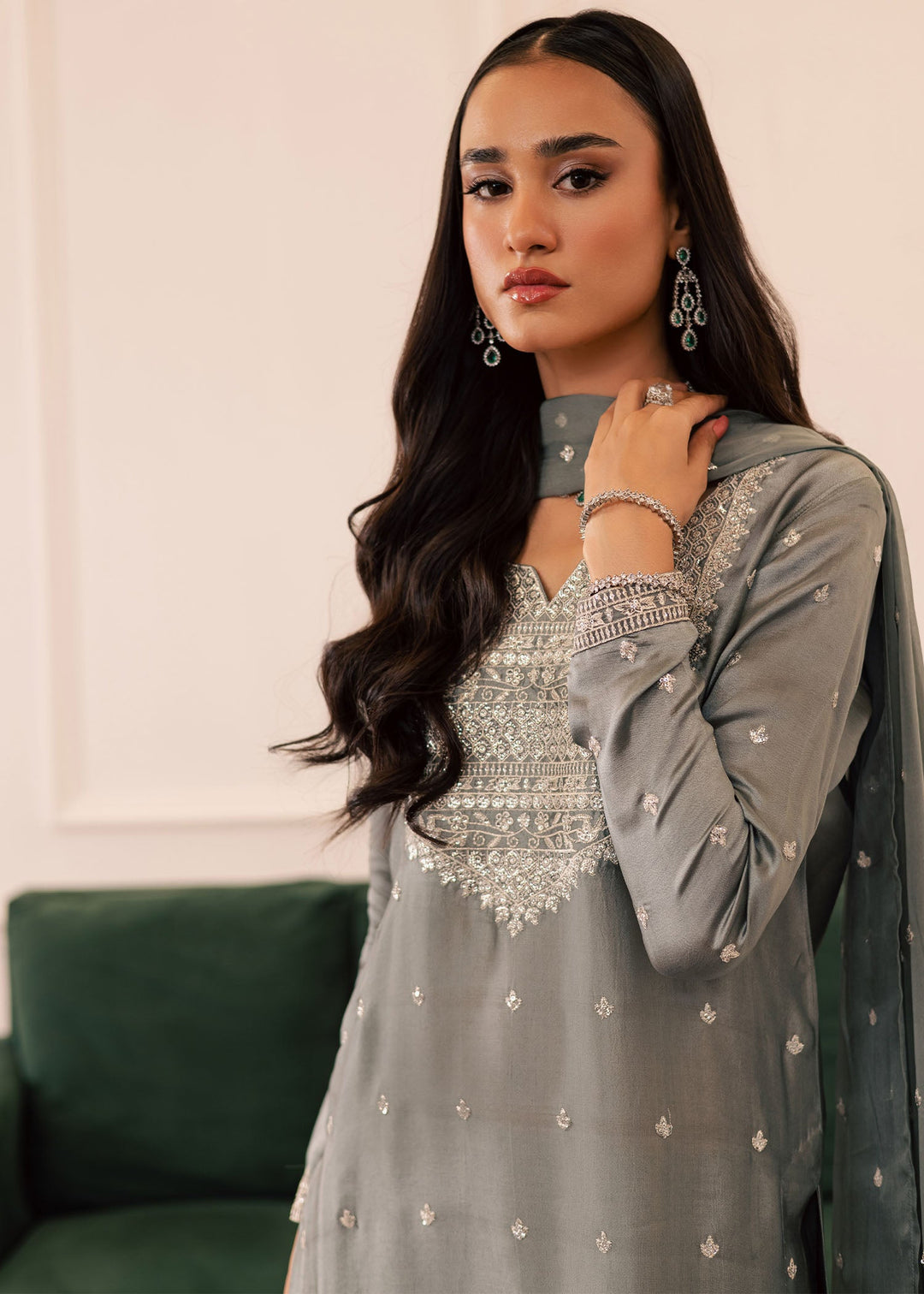 Allure By Ih - Wild Cloud Thai Silk Suit For Women - Ash Grey - 3 Piece