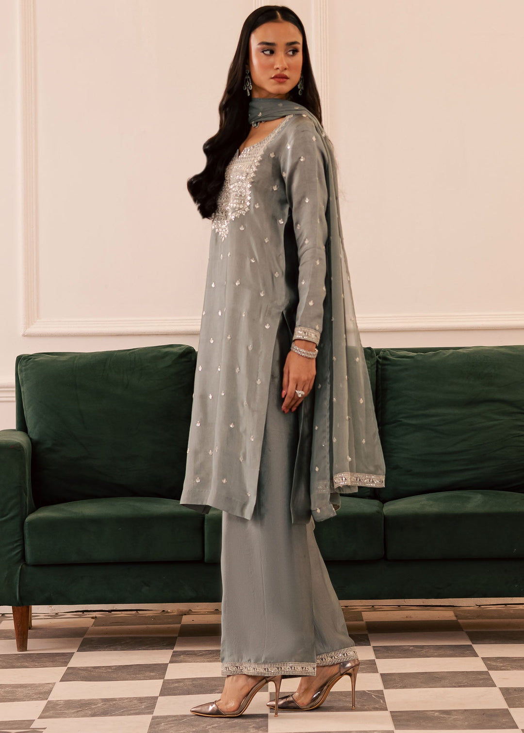 Allure By Ih - Wild Cloud Thai Silk Suit For Women - Ash Grey - 3 Piece