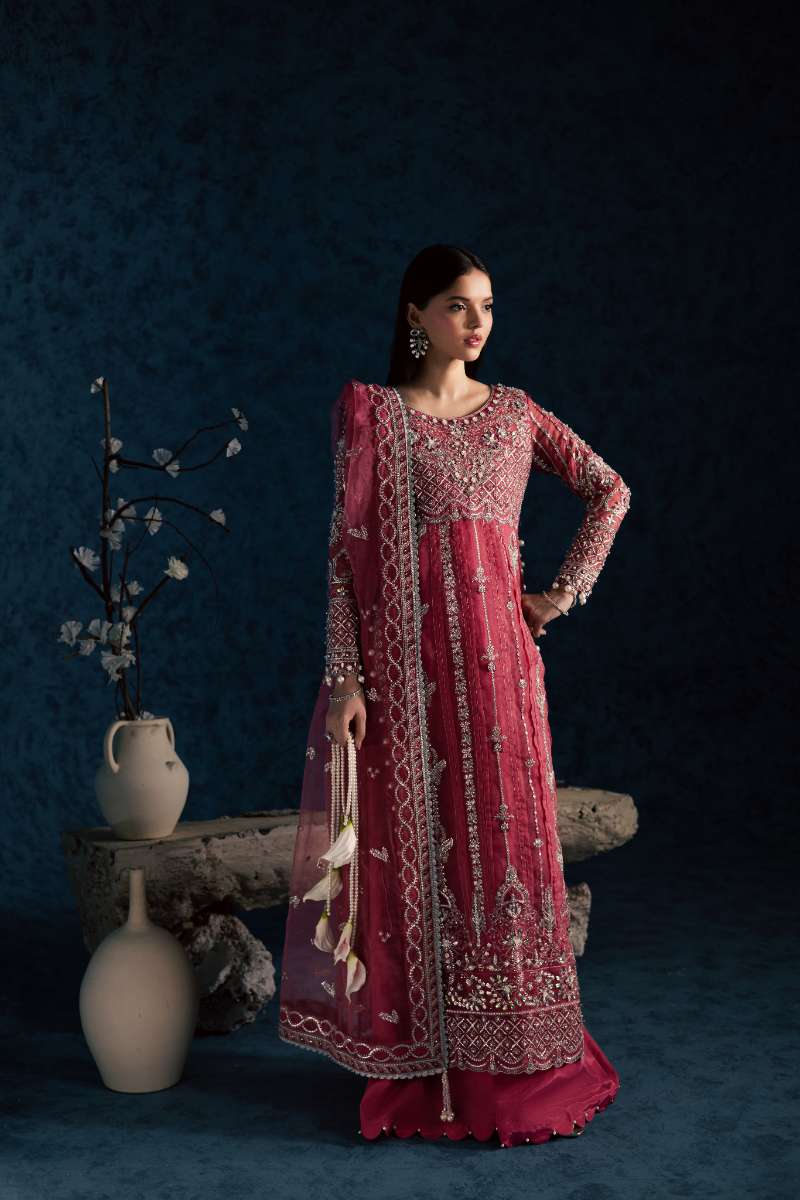 Maria Osama Khan - Gulbahar Pink Organza / Raw Silk Suit For Women - 3 Piece