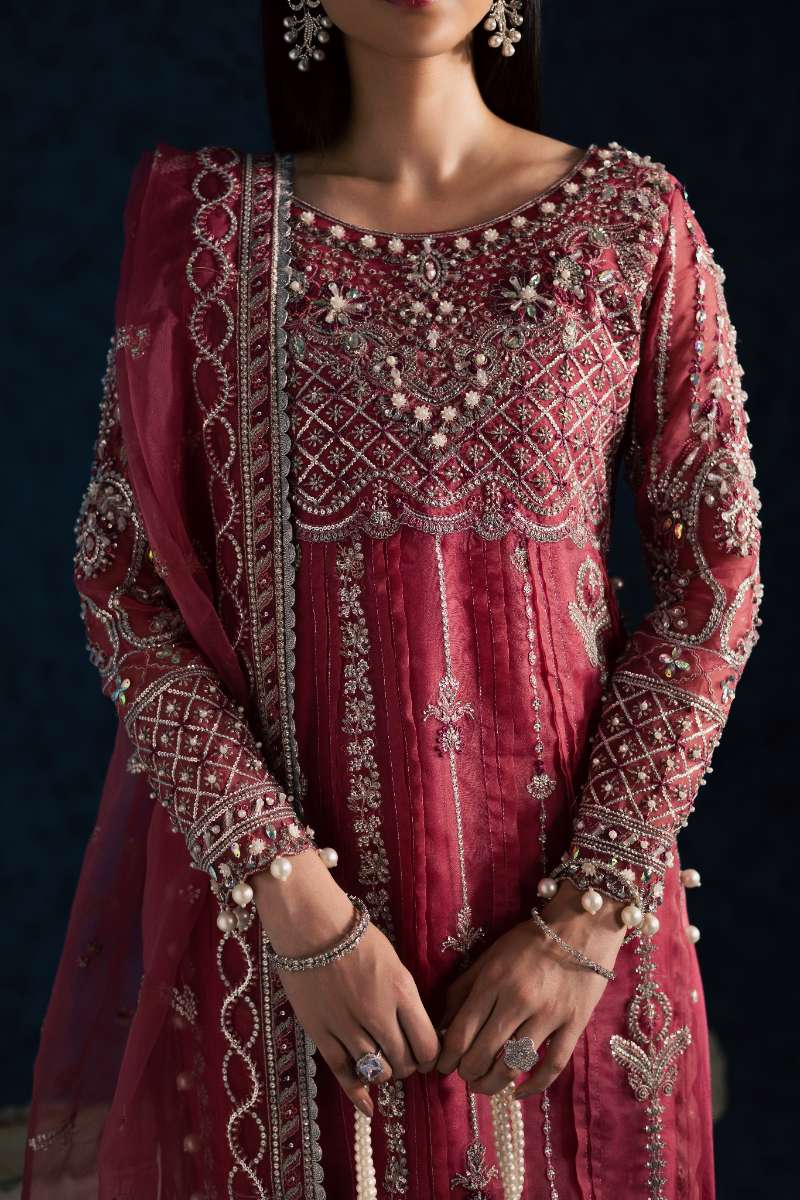 Maria Osama Khan - Gulbahar Pink Organza / Raw Silk Suit For Women - 3 Piece