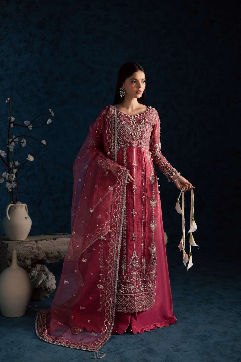 Maria Osama Khan - Gulbahar Pink Organza / Raw Silk Suit For Women - 3 Piece