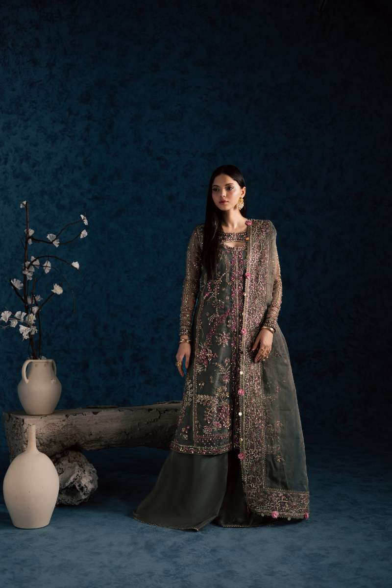 Maria Osama Khan - Sahar Grey Organza / Raw Silk Suit For Women - 3 Piece
