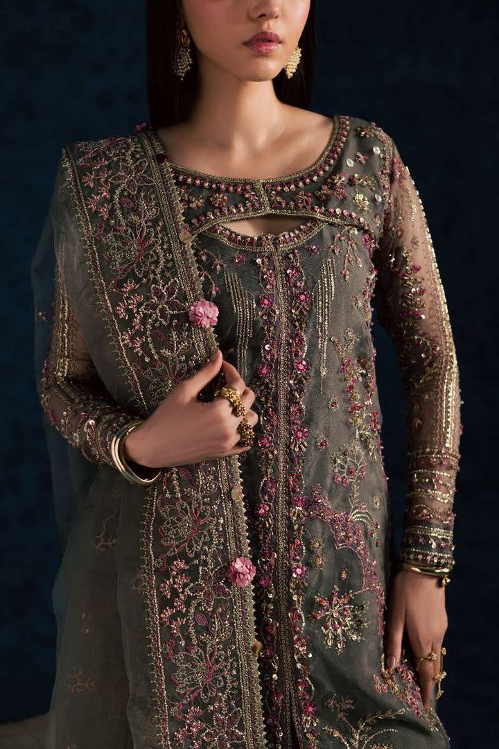 Maria Osama Khan - Sahar Grey Organza / Raw Silk Suit For Women - 3 Piece