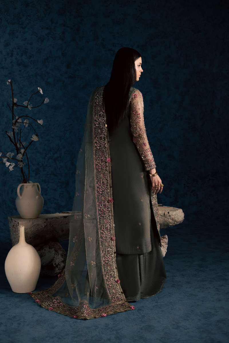 Maria Osama Khan - Sahar Grey Organza / Raw Silk Suit For Women - 3 Piece