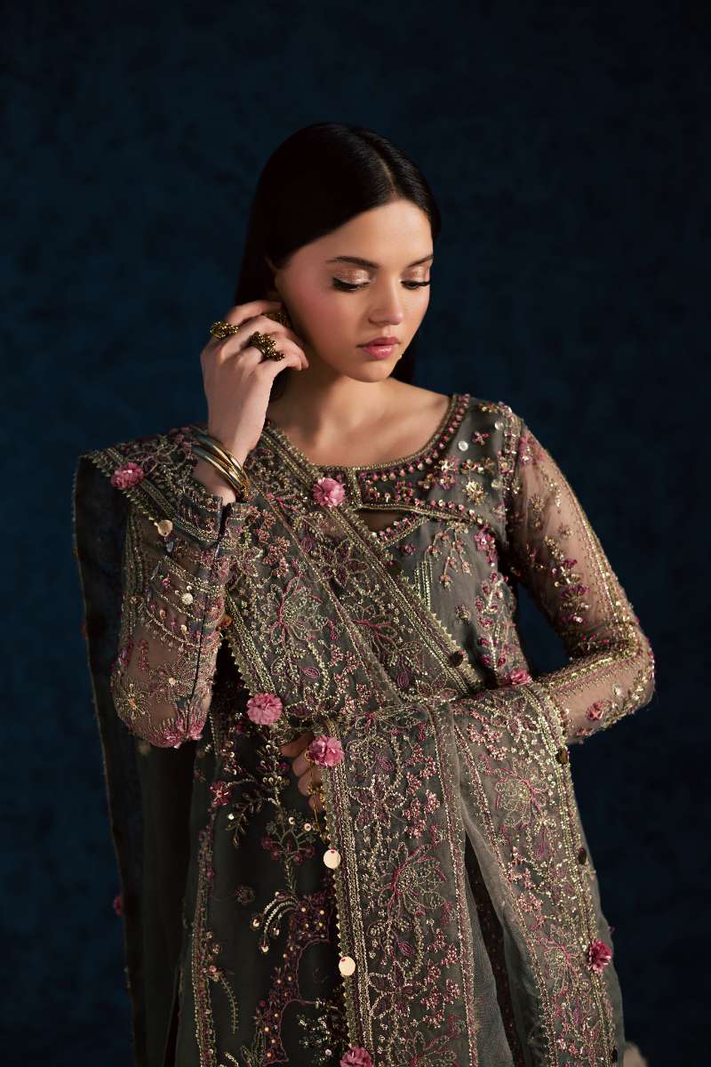 Maria Osama Khan - Sahar Grey Organza / Raw Silk Suit For Women - 3 Piece