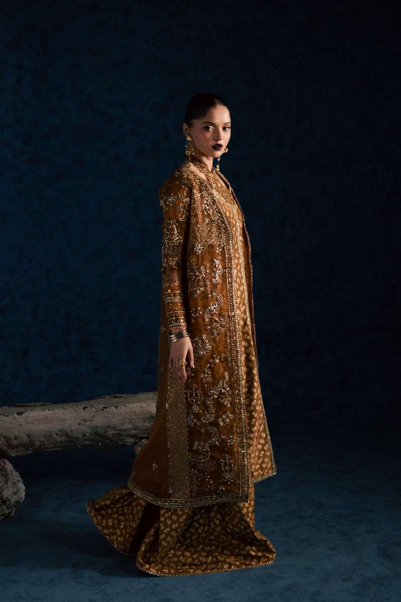 Maria Osama Khan - Zarmin Brown Organza / Raw Silk Suit For Women - 4 Piece