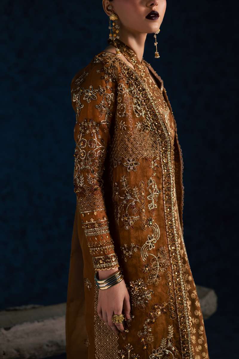 Maria Osama Khan - Zarmin Brown Organza / Raw Silk Suit For Women - 4 Piece