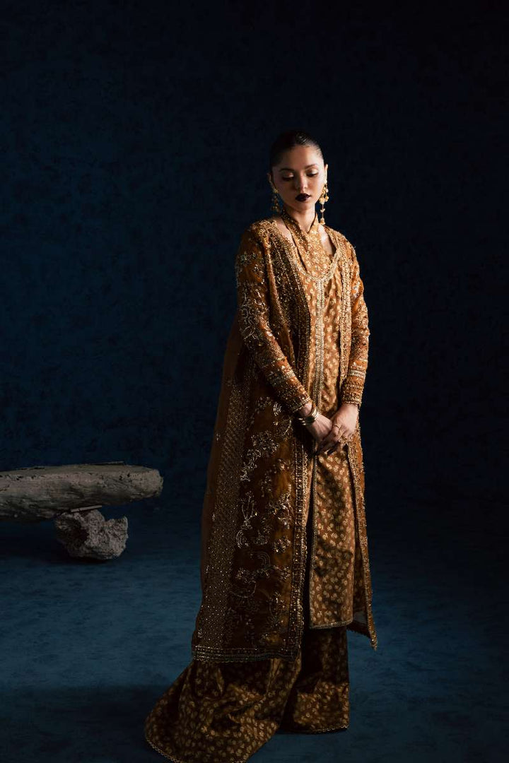 Maria Osama Khan - Zarmin Brown Organza / Raw Silk Suit For Women - 4 Piece