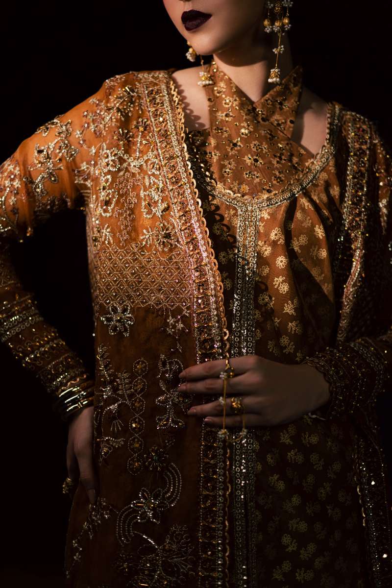 Maria Osama Khan - Zarmin Brown Organza / Raw Silk Suit For Women - 4 Piece