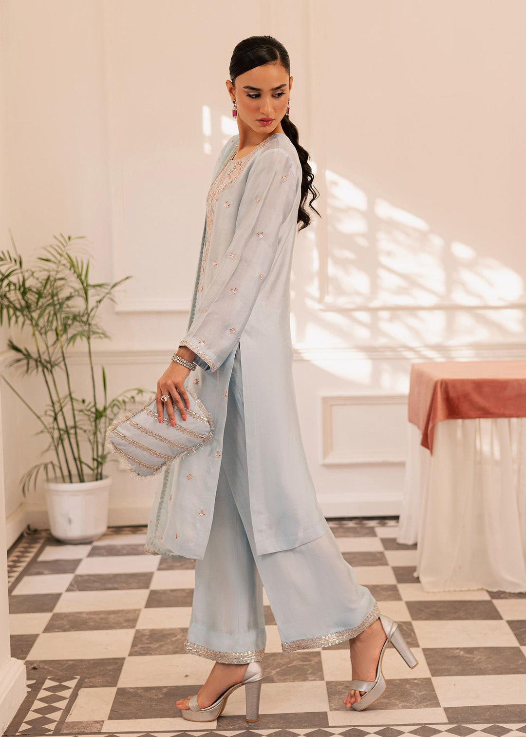 Allure By Ih - Arona Thai Silk Suit For Women - Ice Blue - 3 Piece