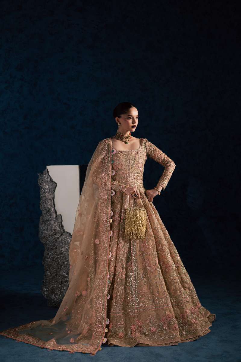 Maria Osama Khan - Nisbat Baige Organza / Raw Silk Lehnga Suit For Women - 4 Piece