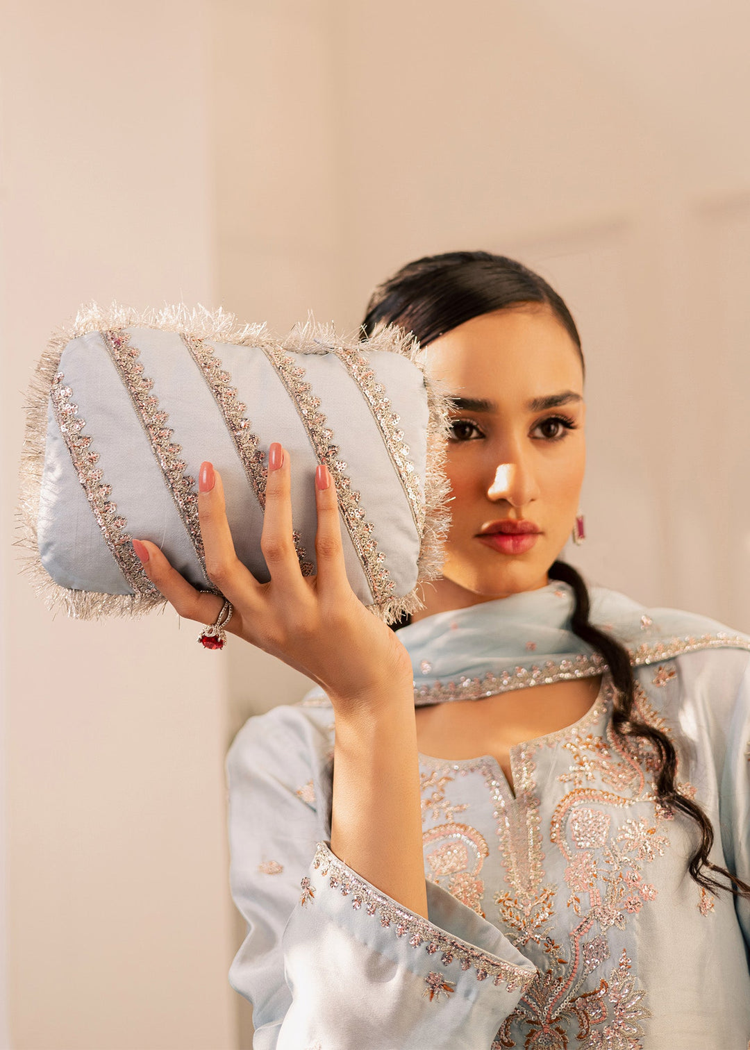 Allure By Ih - Arona Thai Silk Suit For Women - Ice Blue - 3 Piece