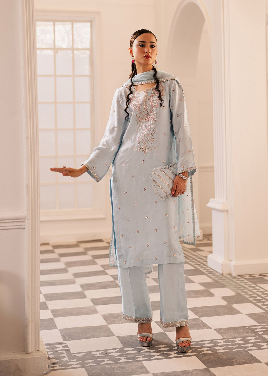 Allure By Ih - Arona Thai Silk Suit For Women - Ice Blue - 3 Piece