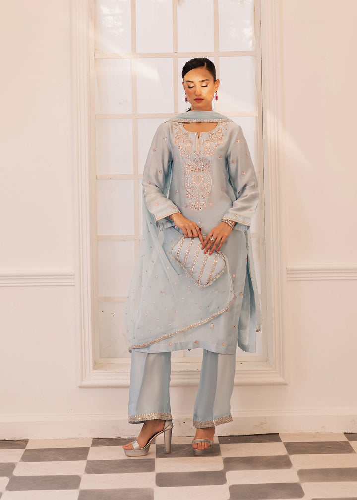 Allure By Ih - Arona Thai Silk Suit For Women - Ice Blue - 3 Piece