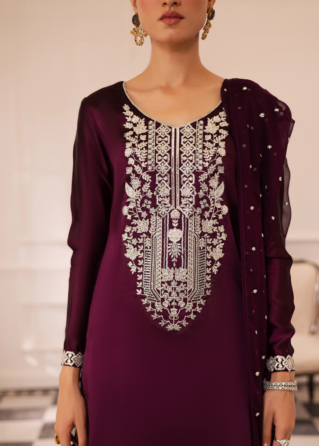 Allure By Ih - Raisin Thai Silk Suit For Women - Deep Purple - 3 Piece