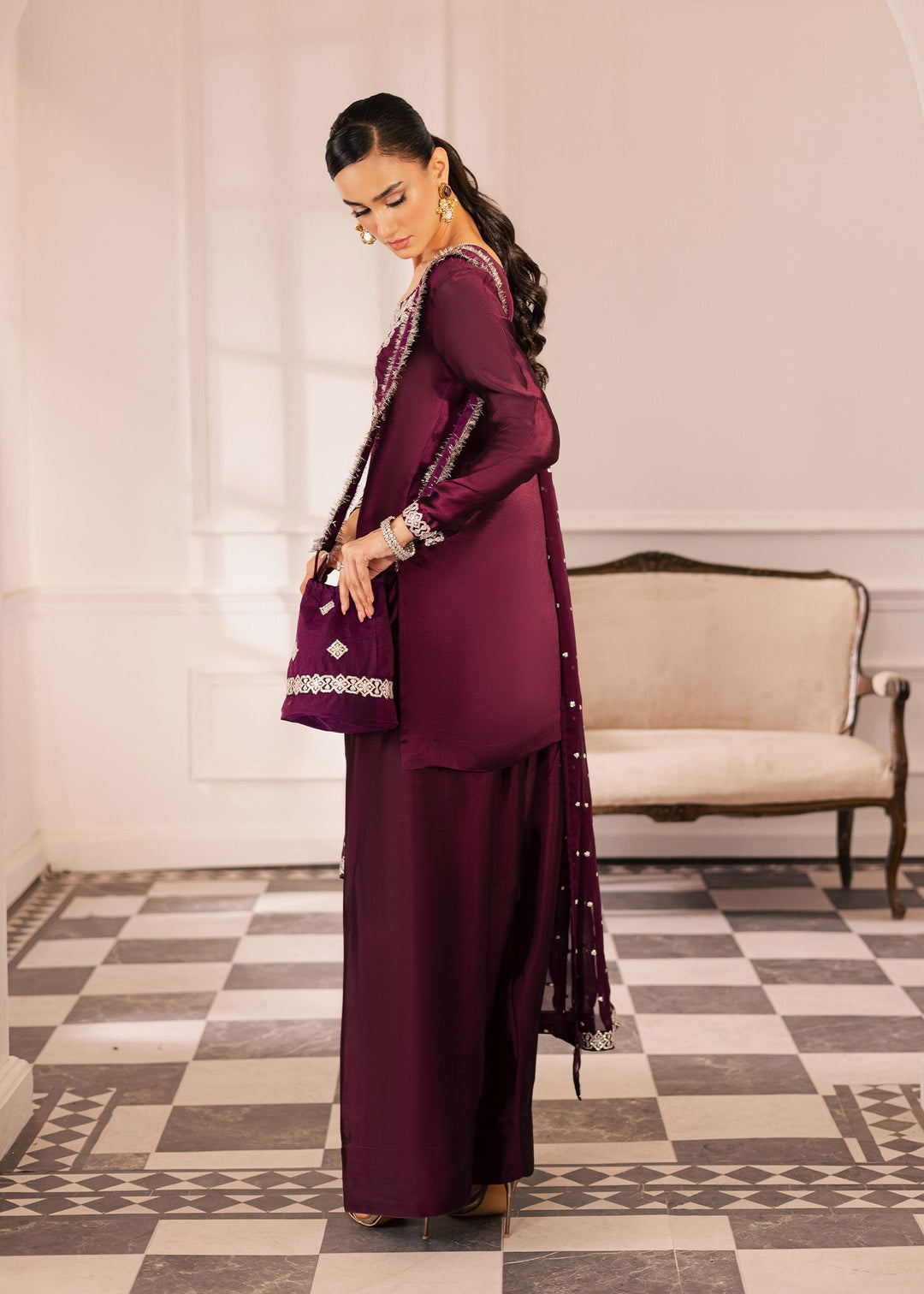 Allure By Ih - Raisin Thai Silk Suit For Women - Deep Purple - 3 Piece