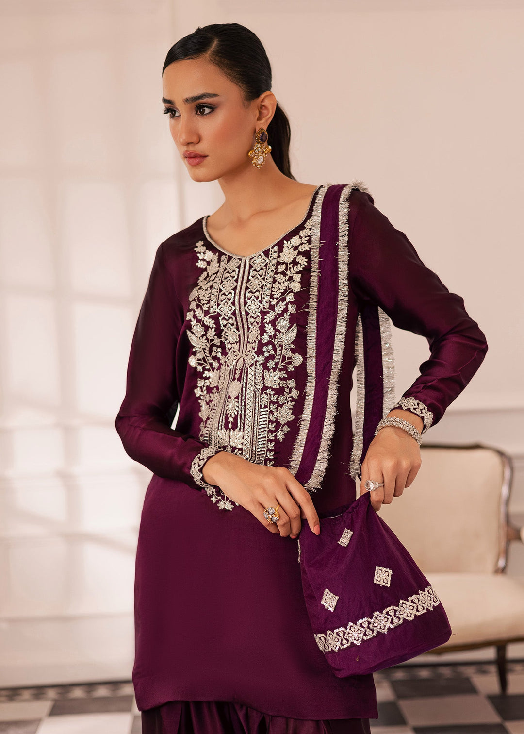 Allure By Ih - Raisin Thai Silk Suit For Women - Deep Purple - 3 Piece