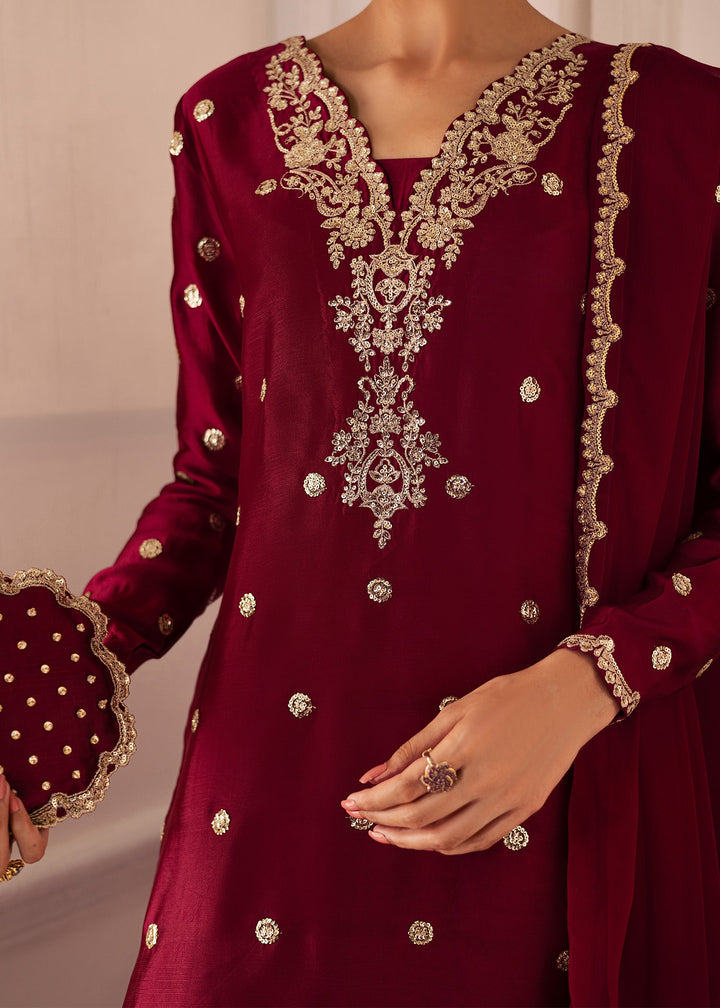 Allure By Ih - Burberry Thai Silk Suit For Women - Burgundy - 3 Piece