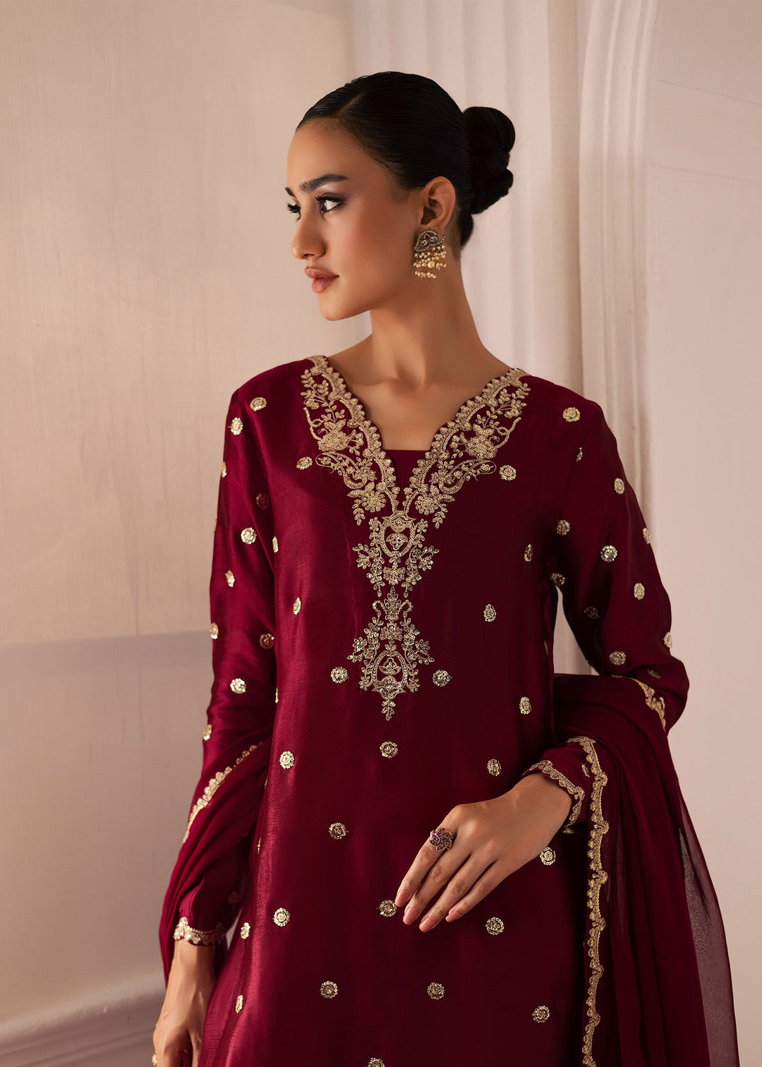 Allure By Ih - Burberry Thai Silk Suit For Women - Burgundy - 3 Piece