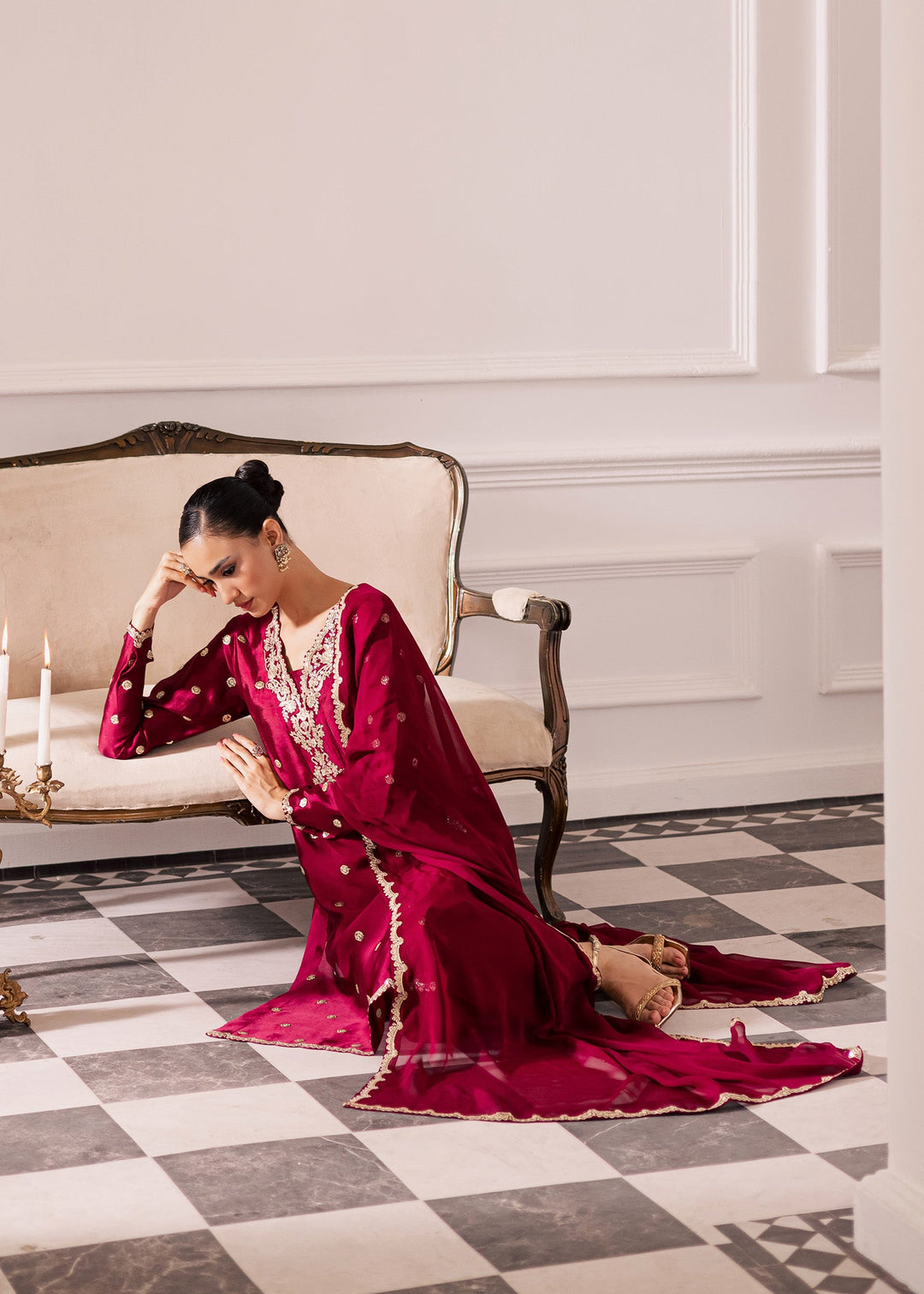 Allure By Ih - Burberry Thai Silk Suit For Women - Burgundy - 3 Piece