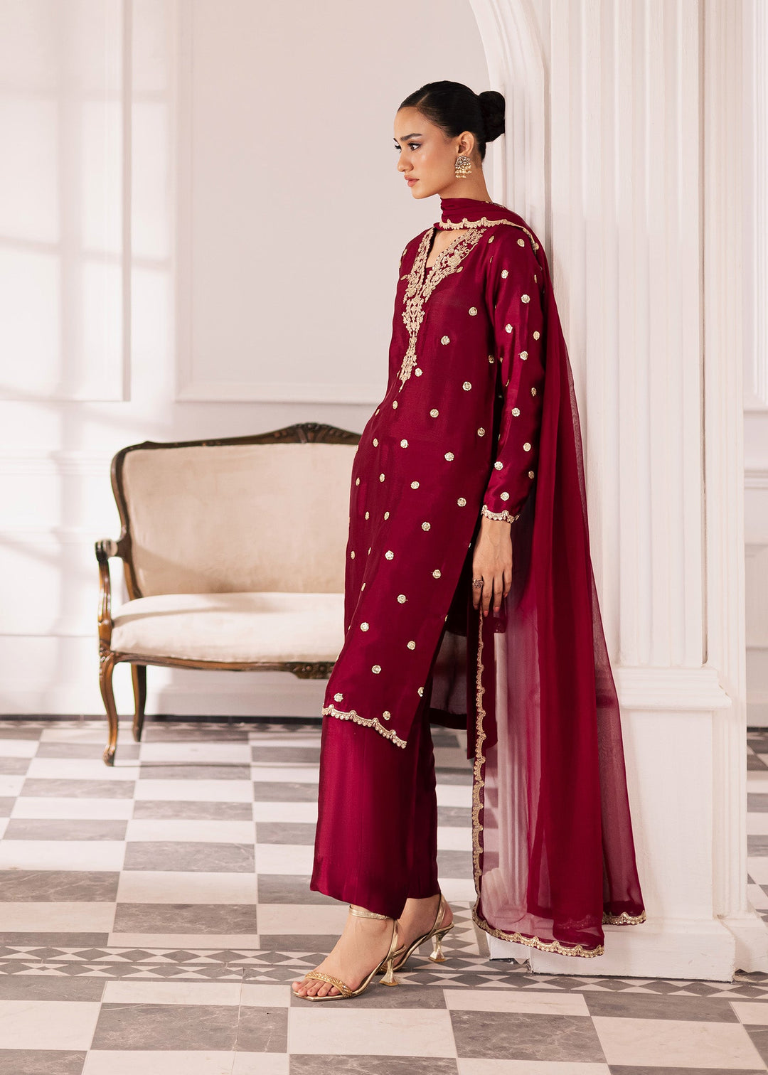 Allure By Ih - Burberry Thai Silk Suit For Women - Burgundy - 3 Piece