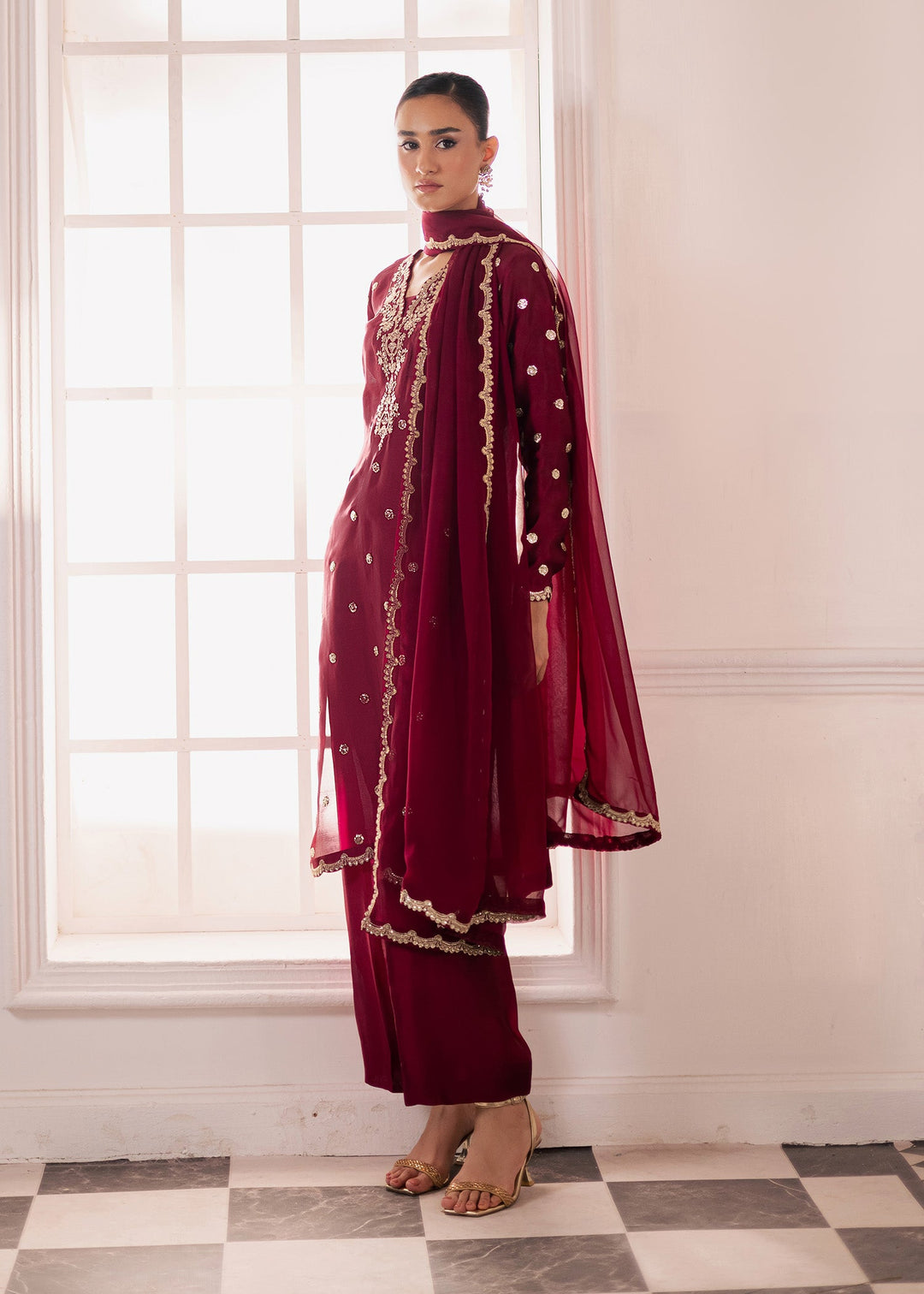 Allure By Ih - Burberry Thai Silk Suit For Women - Burgundy - 3 Piece