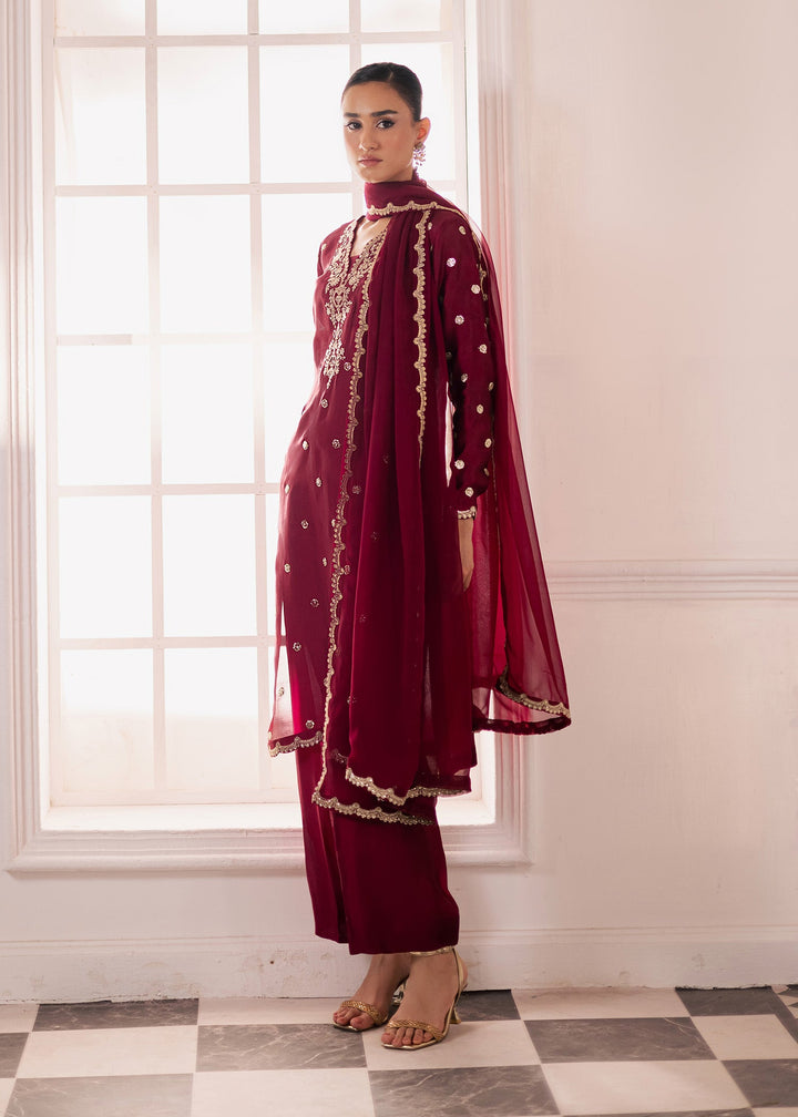 Allure By Ih - Burberry Thai Silk Suit For Women - Burgundy - 3 Piece