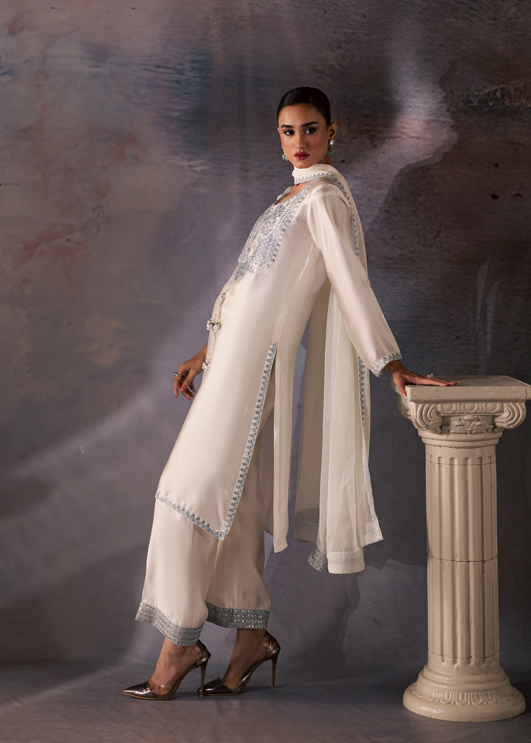 Allure By Ih - Silence Thai Silk Suit For Women - Dusty White - 3 Piece