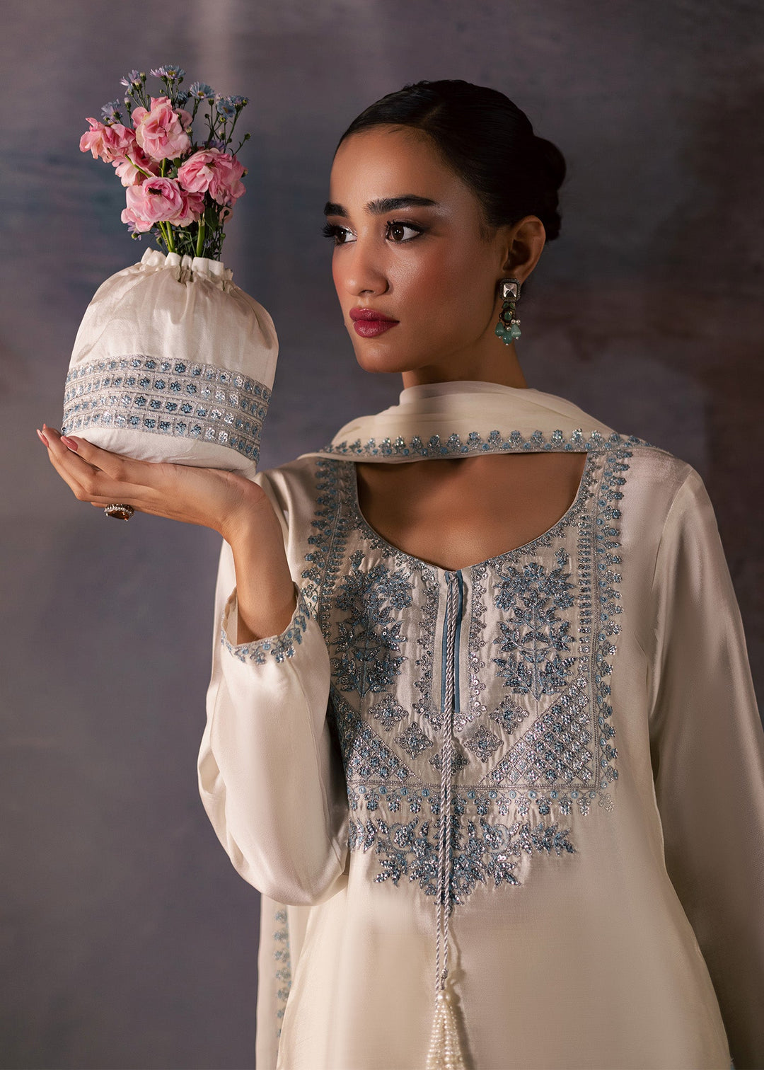 Allure By Ih - Silence Thai Silk Suit For Women - Dusty White - 3 Piece