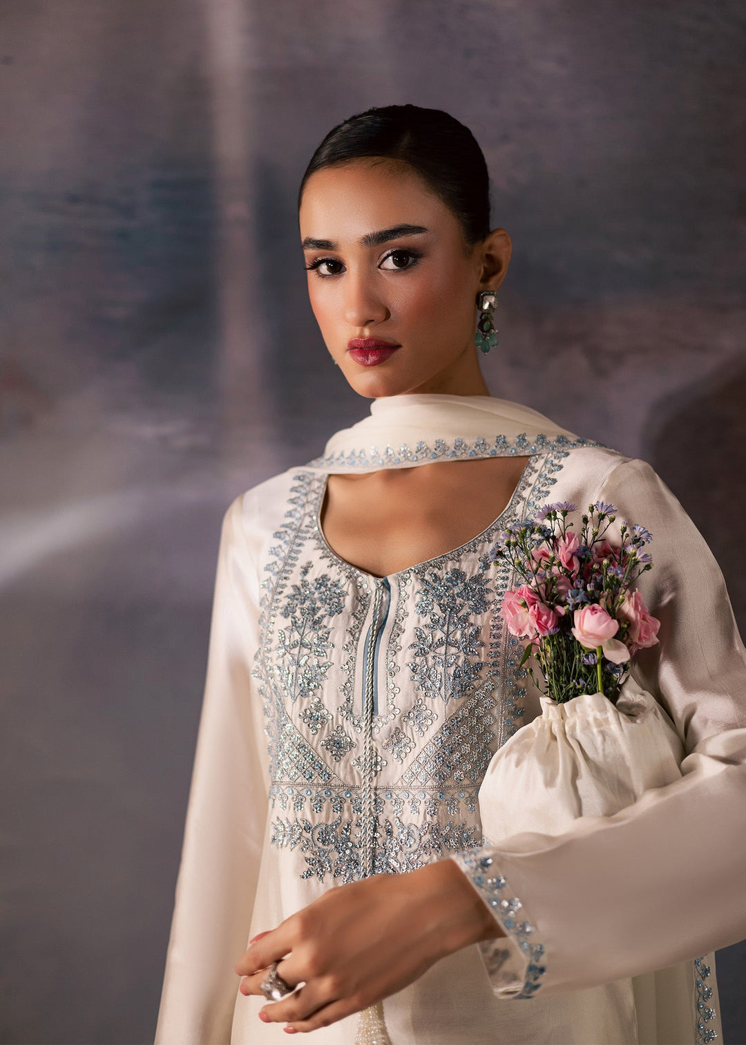 Allure By Ih - Silence Thai Silk Suit For Women - Dusty White - 3 Piece