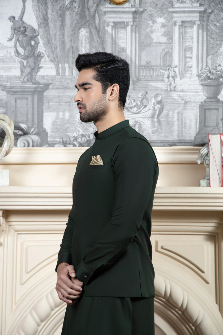 Shahjahan - Bottle Green Kurta Shalwar with Waistcoat For Men