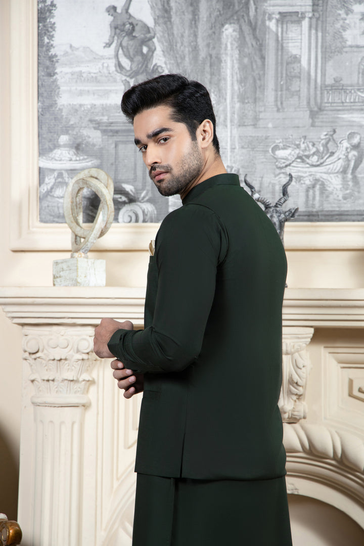 Shahjahan - Bottle Green Kurta Shalwar with Waistcoat For Men