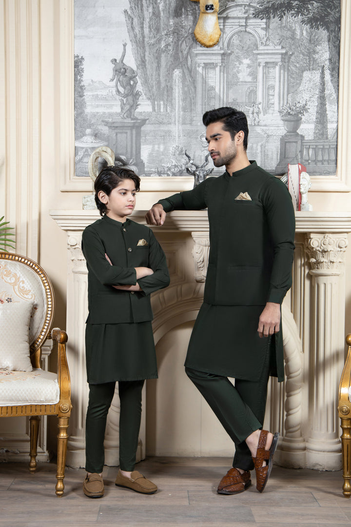 Shahjahan - Bottle Green Kurta Trouser with Waistcoat For Men