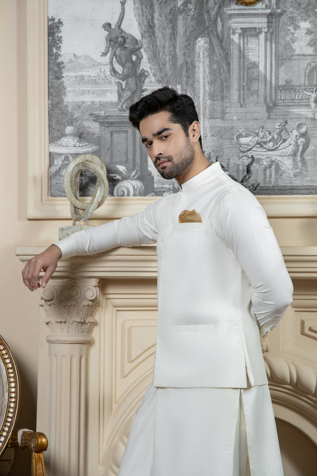 Shahjahan Boski Kurta Trouser with waistcoat 3 Piece Suit Cream
