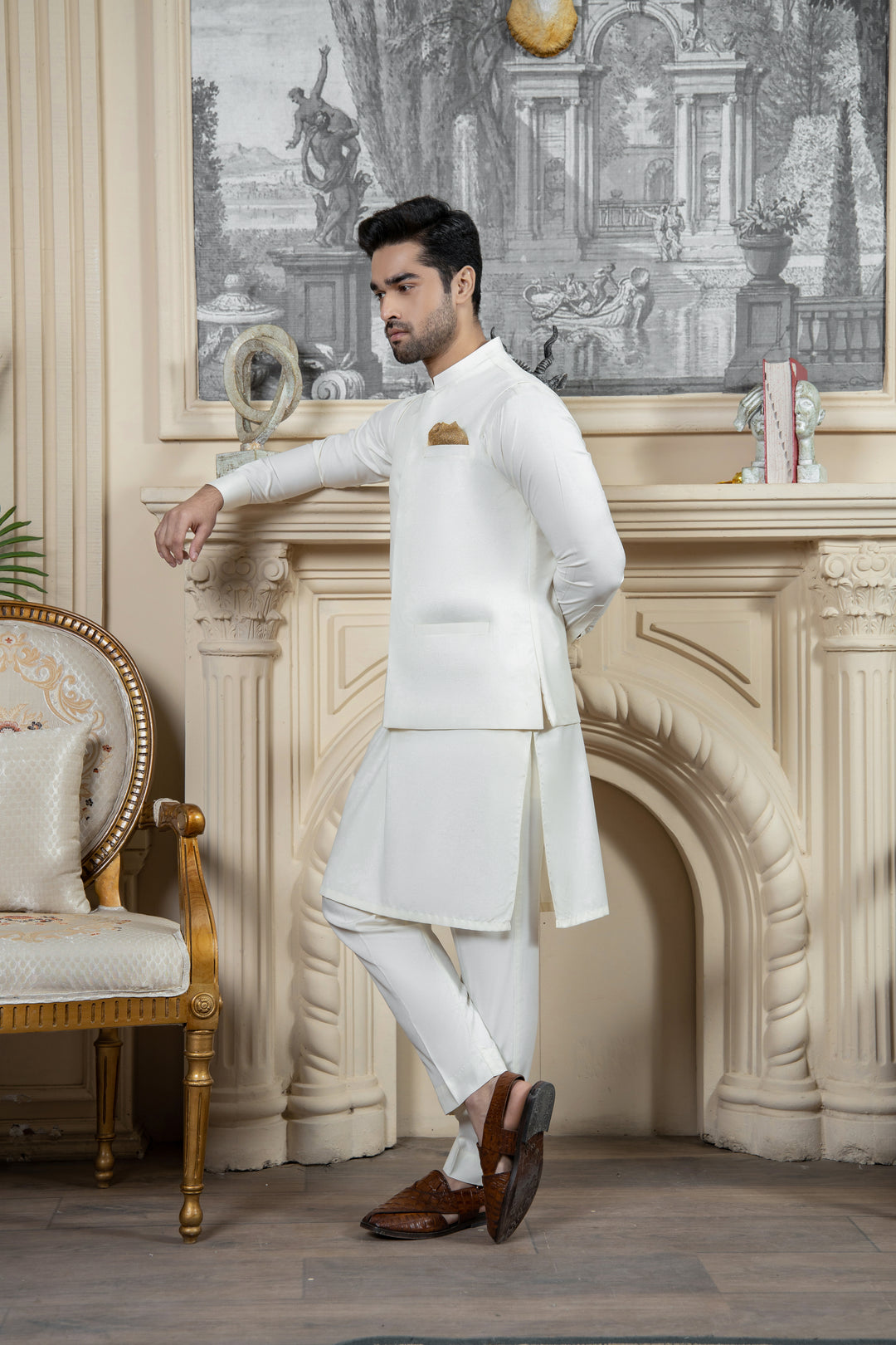 Shahjahan Boski Kurta Trouser with waistcoat 3 Piece Suit Cream