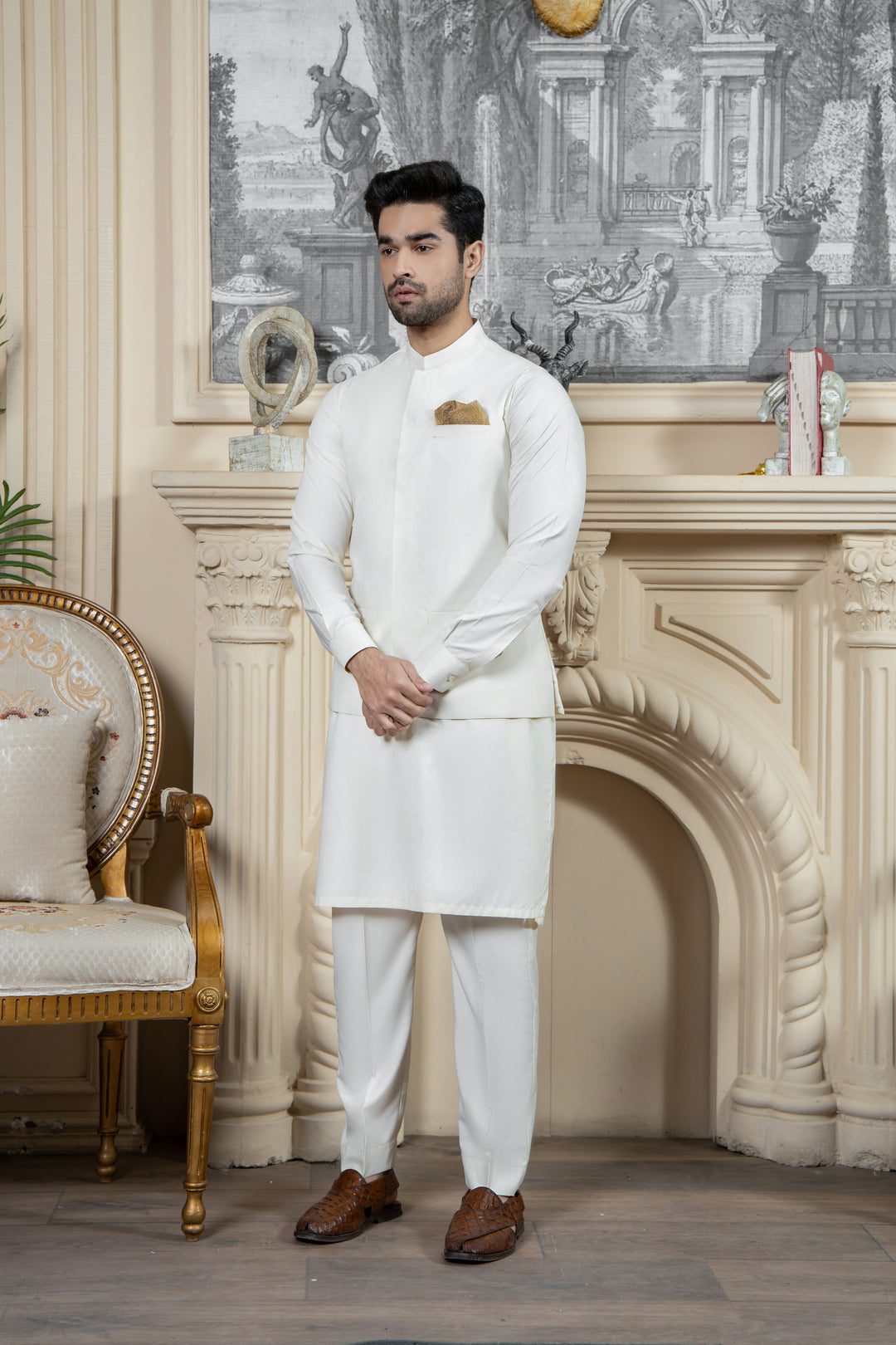 Shahjahan Boski Kurta Trouser with waistcoat 3 Piece Suit Cream