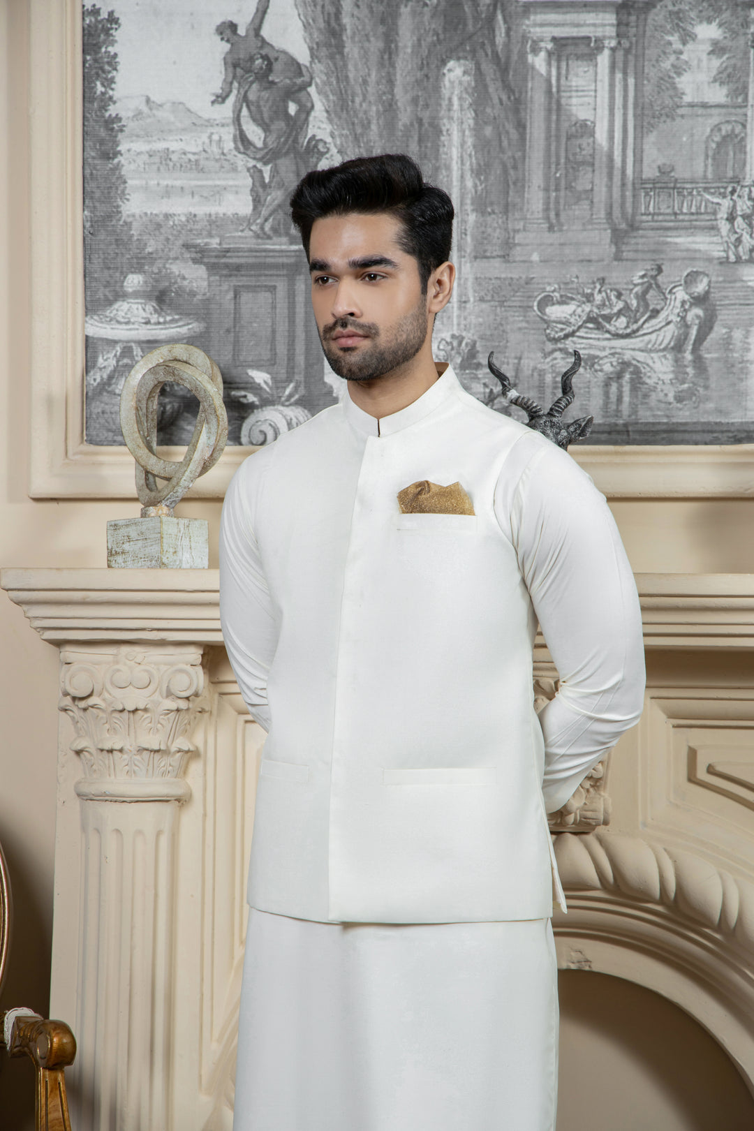 Shahjahan Boski Kurta Trouser with waistcoat 3 Piece Suit Cream
