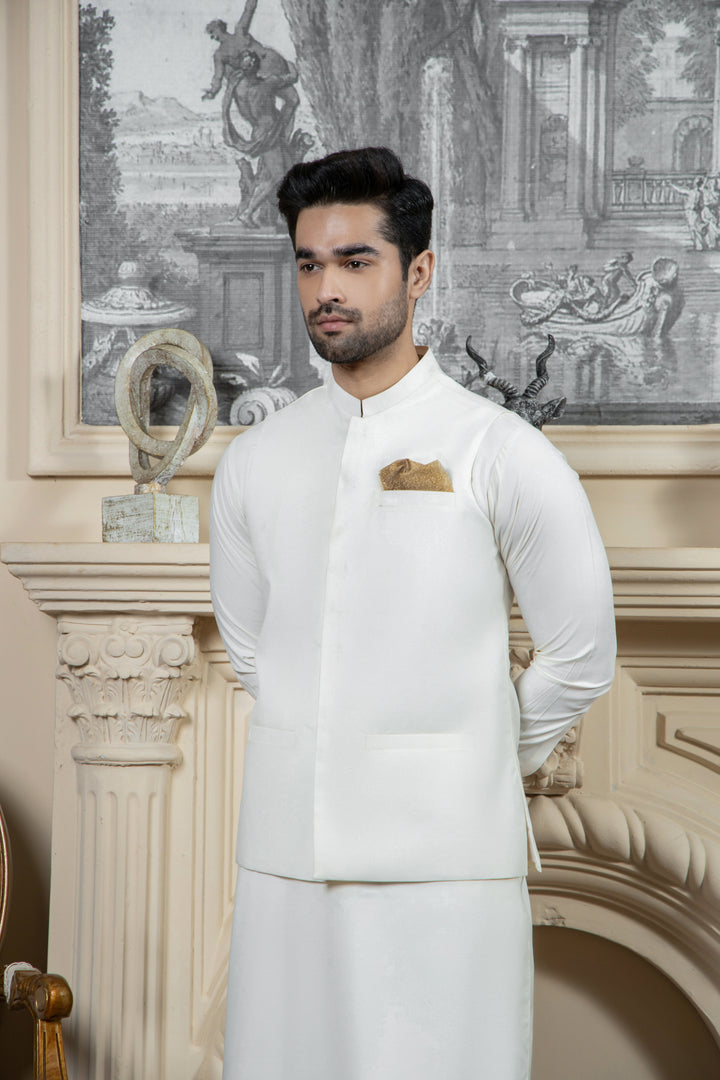 Shahjahan Boski Kurta Trouser with waistcoat 3 Piece Suit Cream