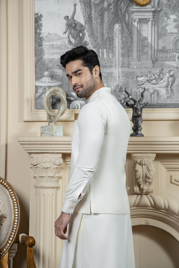 Shahjahan Boski Kurta Trouser with waistcoat 3 Piece Suit Cream