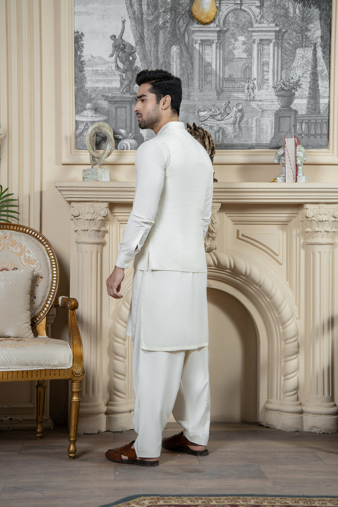 Shahjahan - Boski Cream Kurta Shalwar with waistcoat For Men