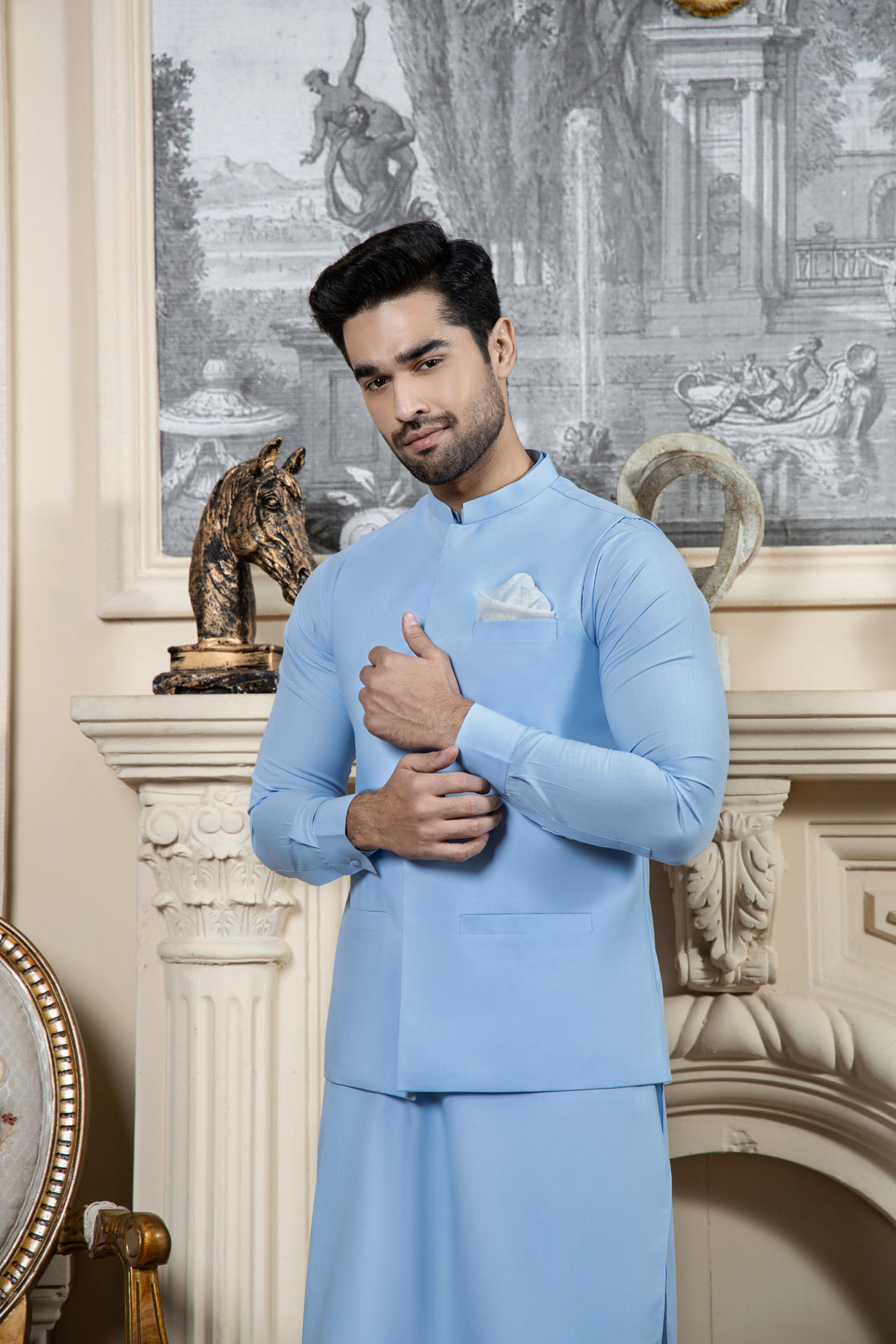 Shahjahan Sky Blue Kurta Trouser with Suiting Waistcoat 3 Piece Suit