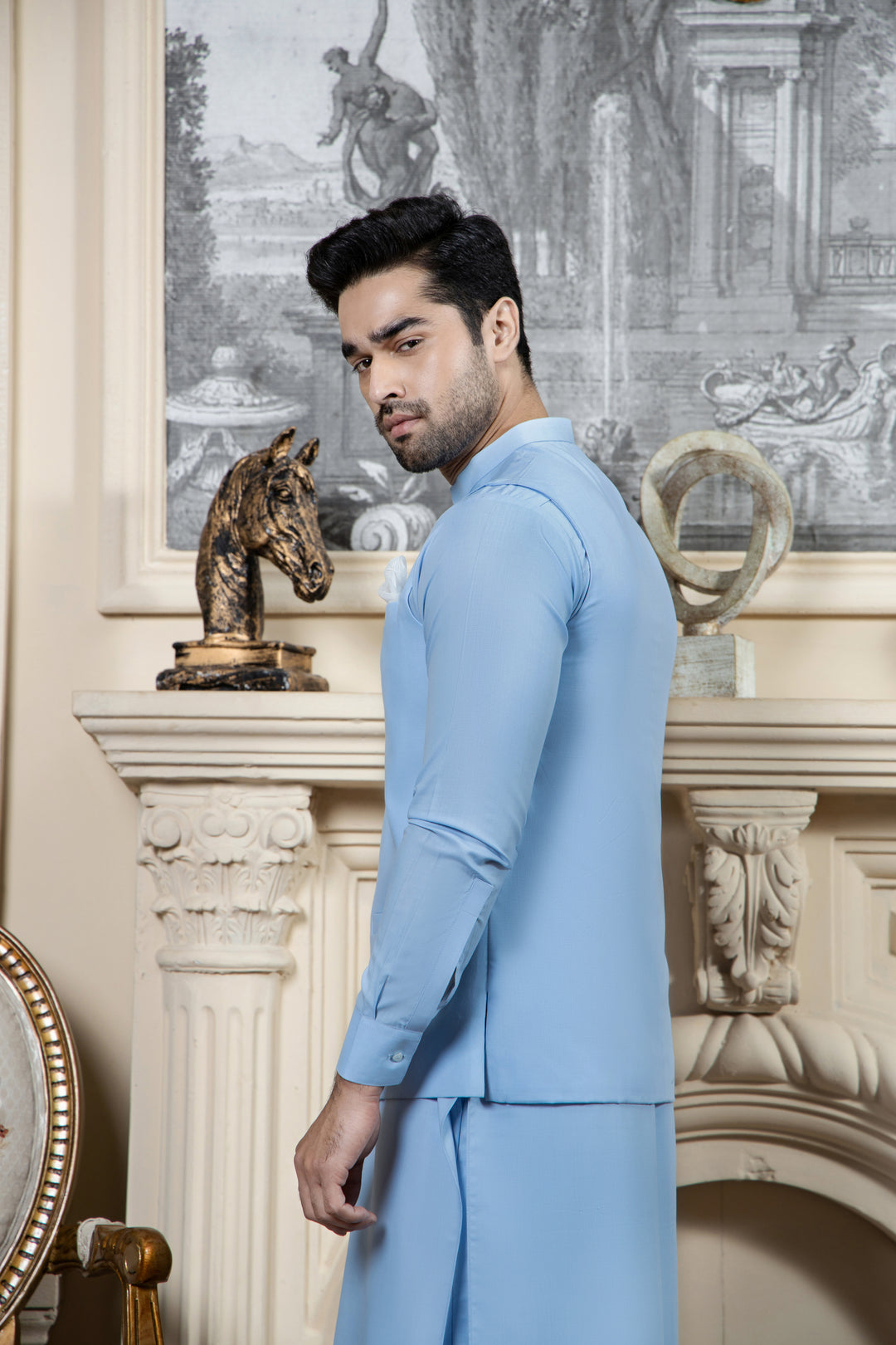 Shahjahan Sky Blue Kurta Trouser with Suiting Waistcoat 3 Piece Suit