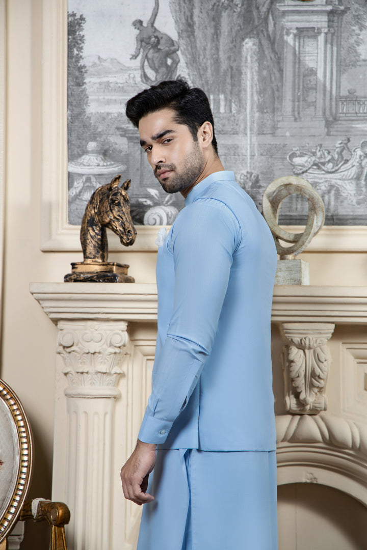 Shahjahan Sky Blue Kurta Trouser with Suiting Waistcoat 3 Piece Suit