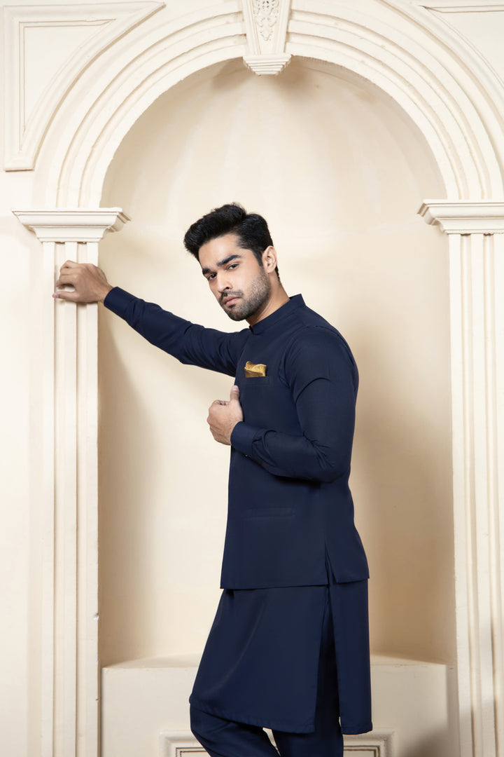 Shahjahan - Boski Kurta Trouser Navy Blue with Suiting Waistcoat For Men