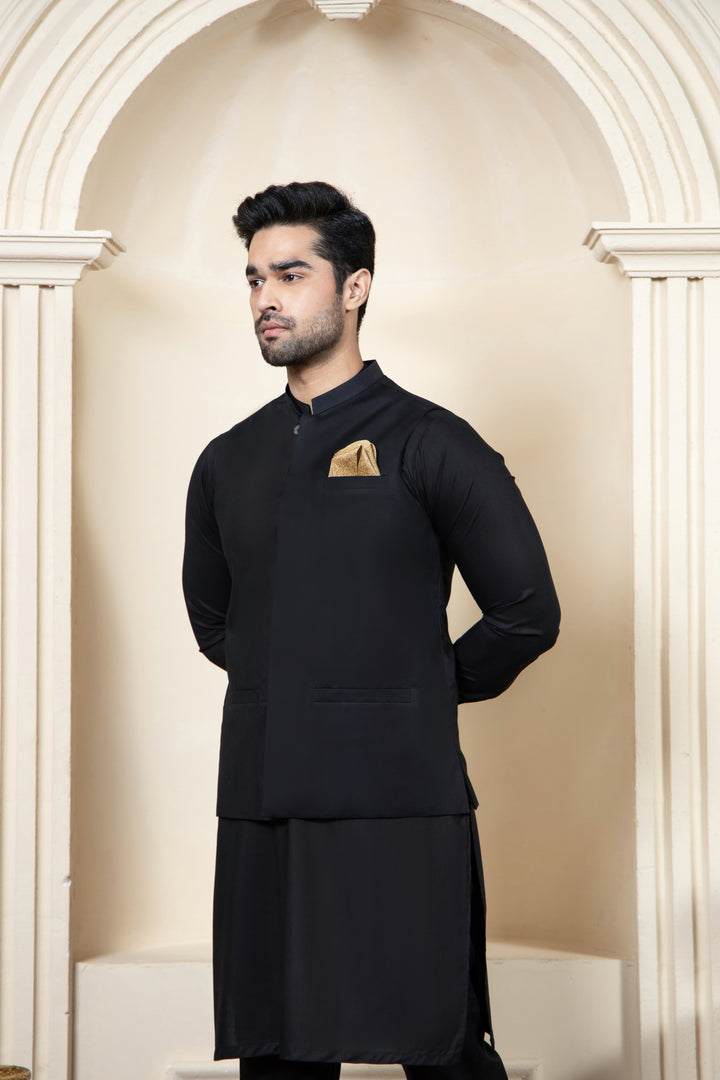 Shahjahan - Black Boski Kurta Trouser with Suiting Waistcoat For Men