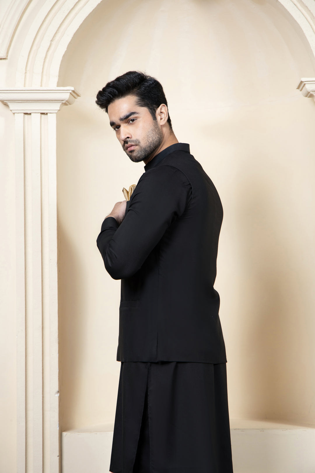 Shahjahan - Black Boski Kurta Trouser with Suiting Waistcoat For Men