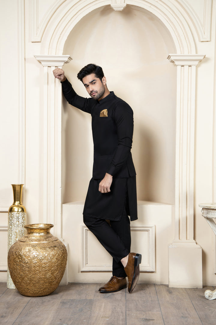 Shahjahan - Black Boski Kurta Trouser with Suiting Waistcoat For Men
