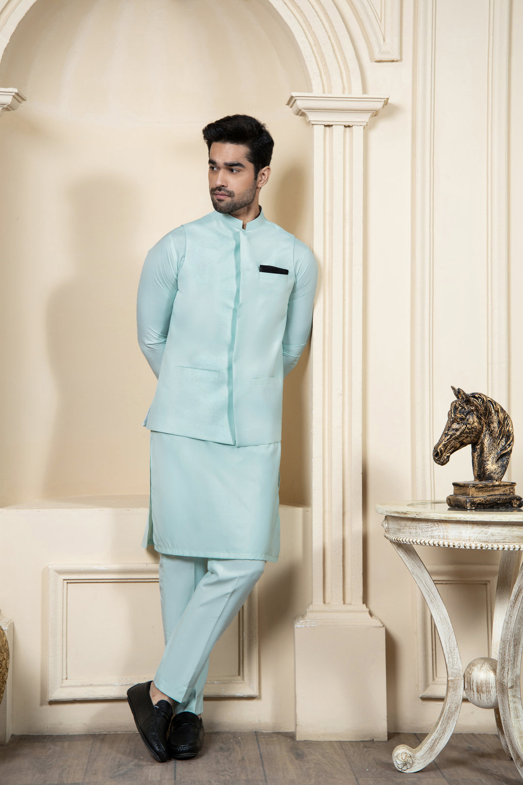 Shahjahan Aquamarine Kurta Trouser with Waistcoat 3 Piece Suit