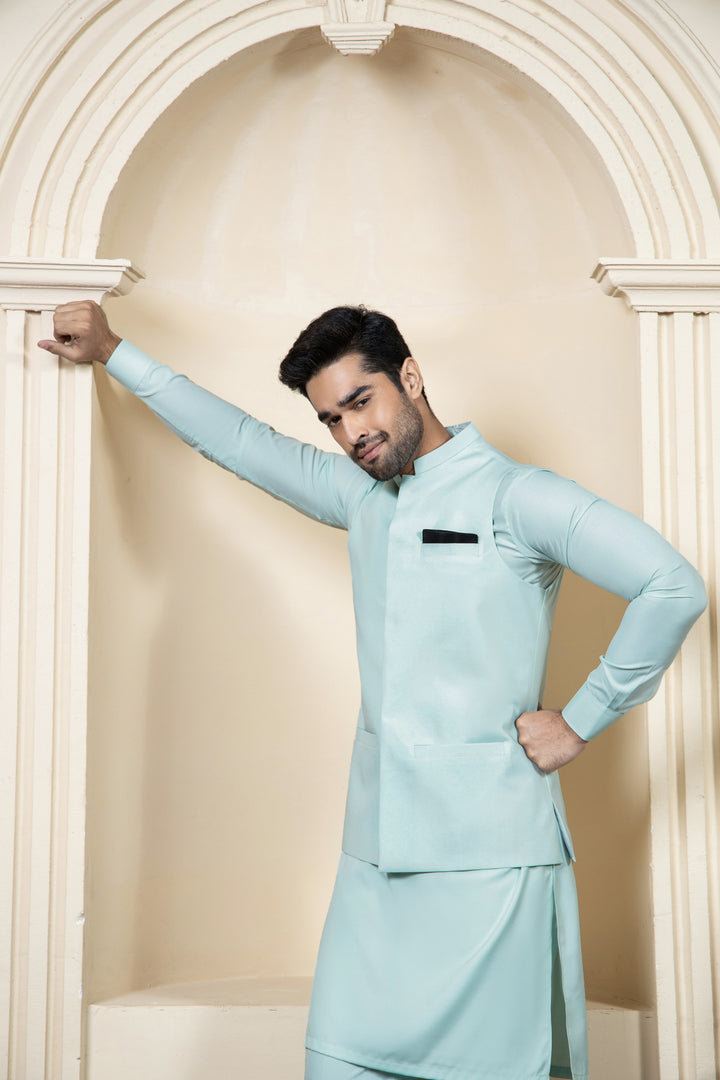 Shahjahan Aquamarine Kurta Trouser with Waistcoat 3 Piece Suit