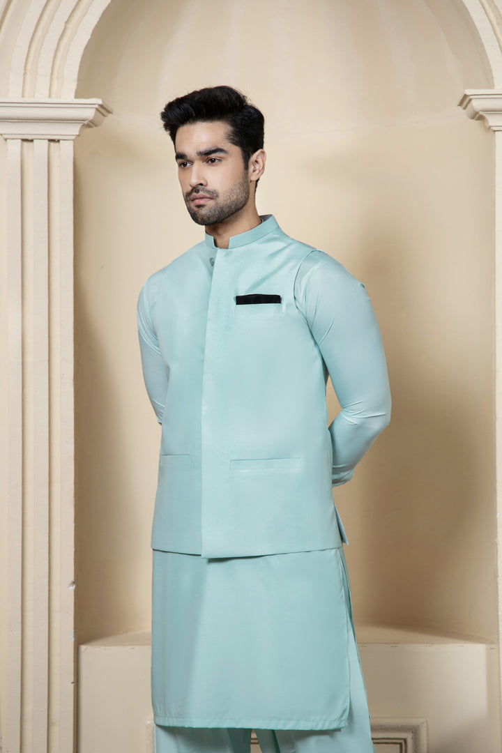 Shahjahan Aquamarine Kurta Shalwar with Waistcoat 3 Piece Suit